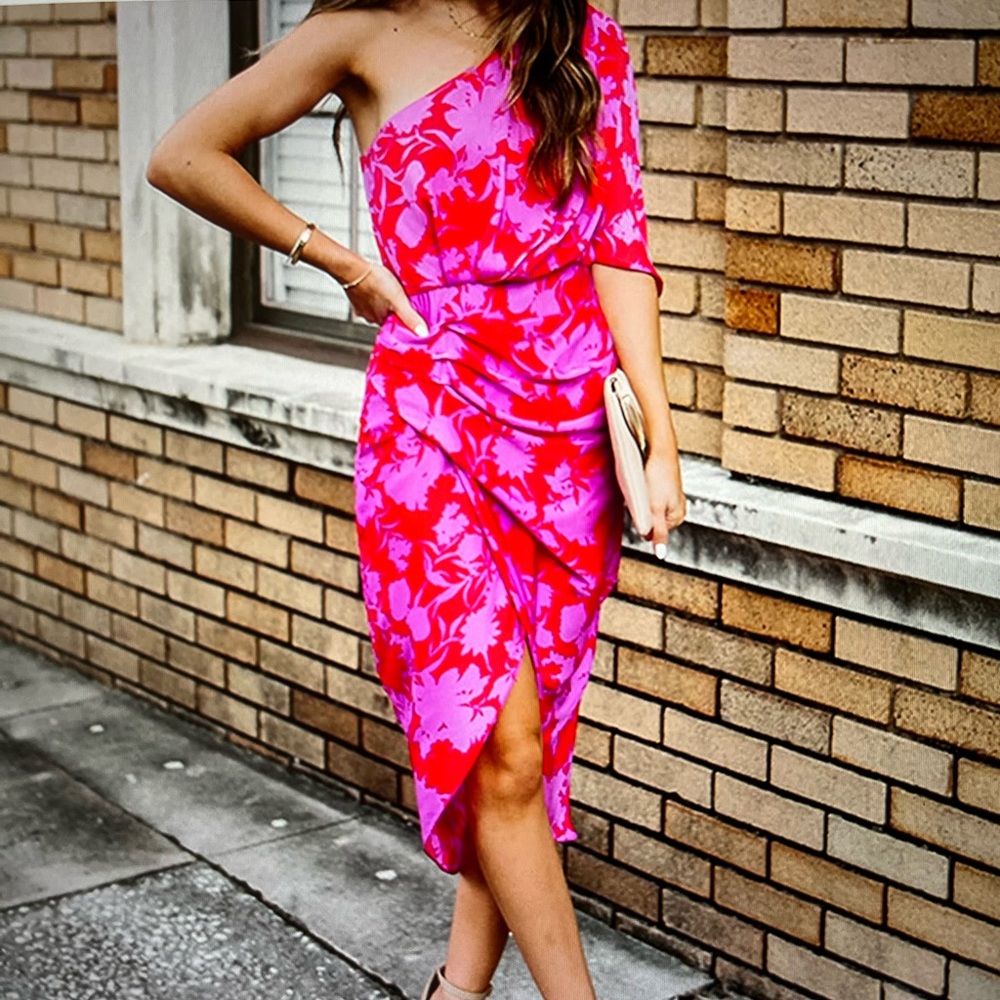 One Shoulder Floral Midi Dress